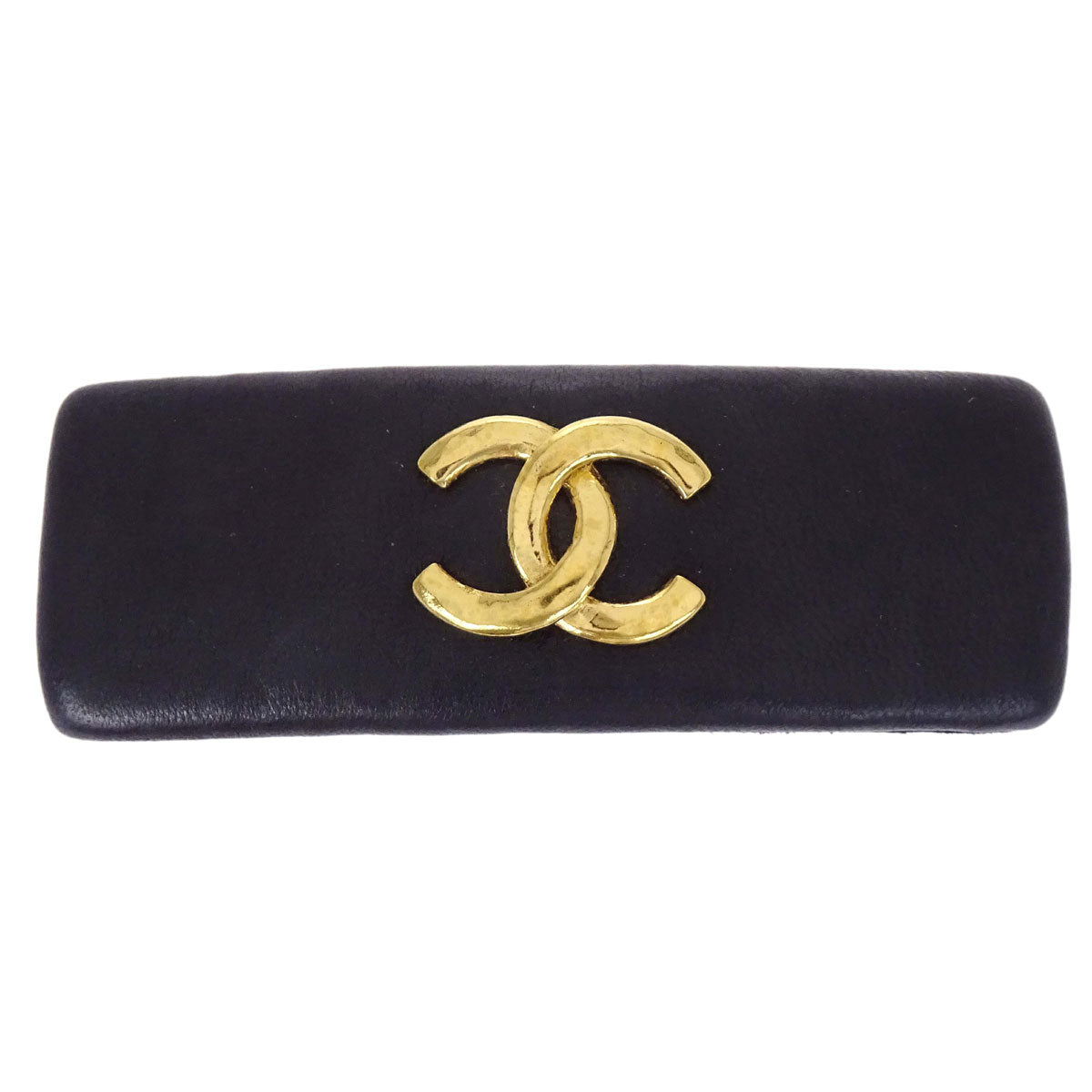 Chanel Hair Clip Barrette CC Black Gold Leather Hair Accessories