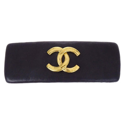 Chanel Hair Clip Barrette CC Black Gold Leather Hair Accessories