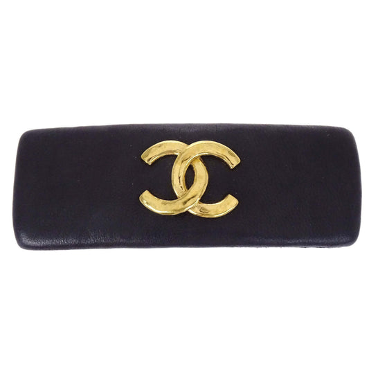 Chanel Hair Clip Barrette CC Black Gold Leather Hair Accessories