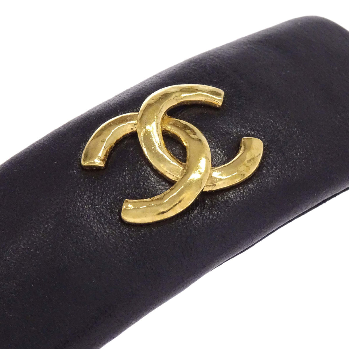 Chanel Hair Clip Barrette CC Black Gold Leather Hair Accessories
