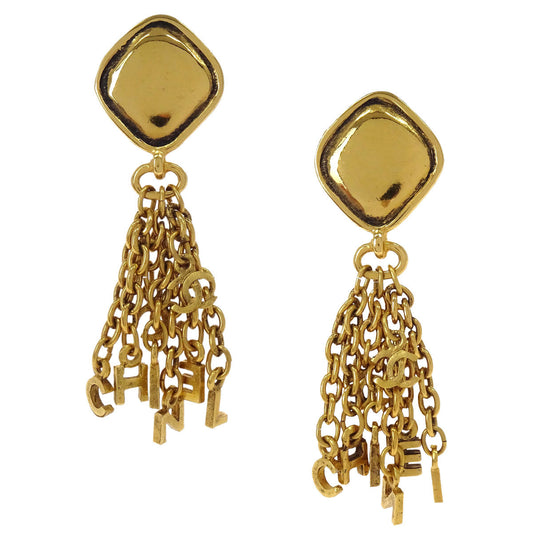 Chanel Gold Rhombus Fringe Dangle Clip-On Earrings