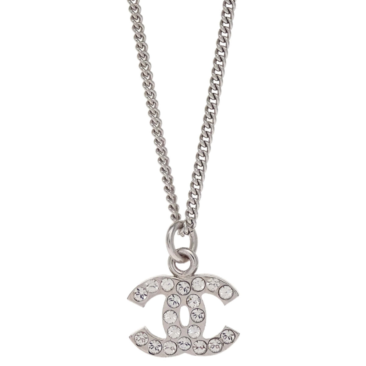Chanel CC Chain Necklace Pendant Silver Rhinestone 07V