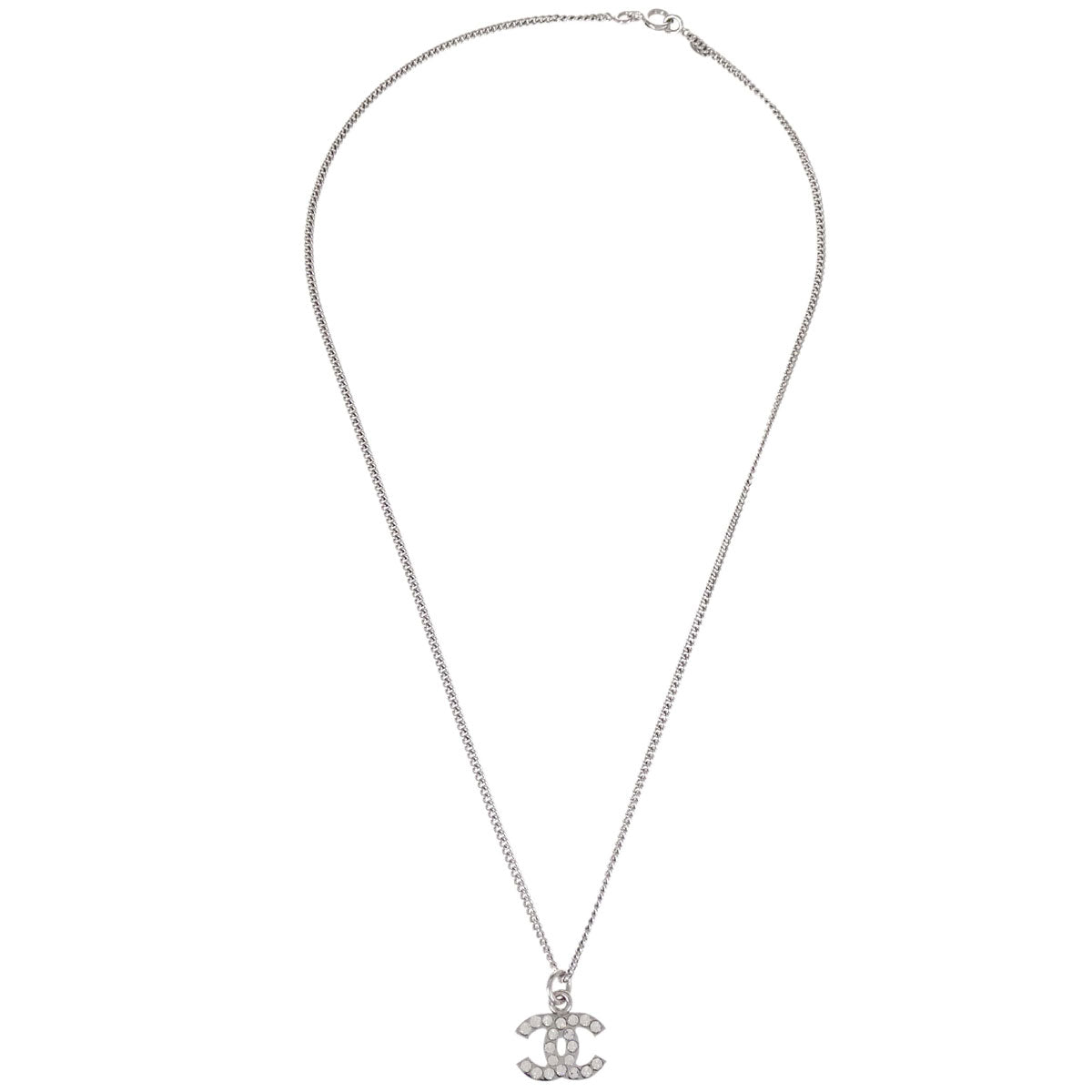 Chanel CC Chain Necklace Pendant Silver Rhinestone 07V