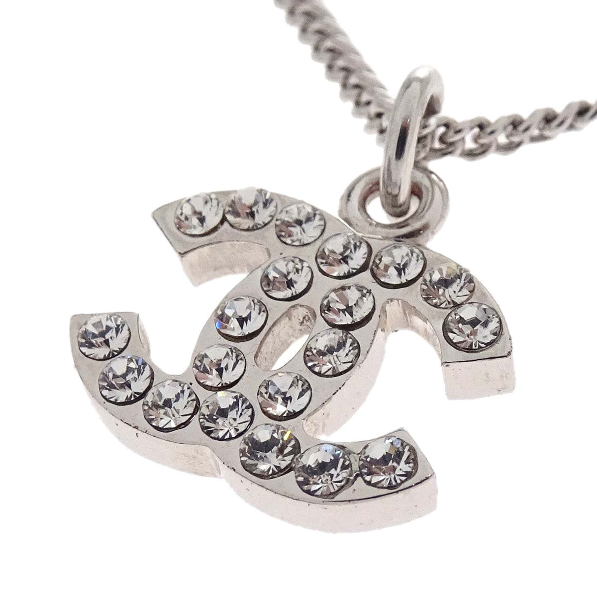 Chanel CC Chain Necklace Pendant Silver Rhinestone 07V
