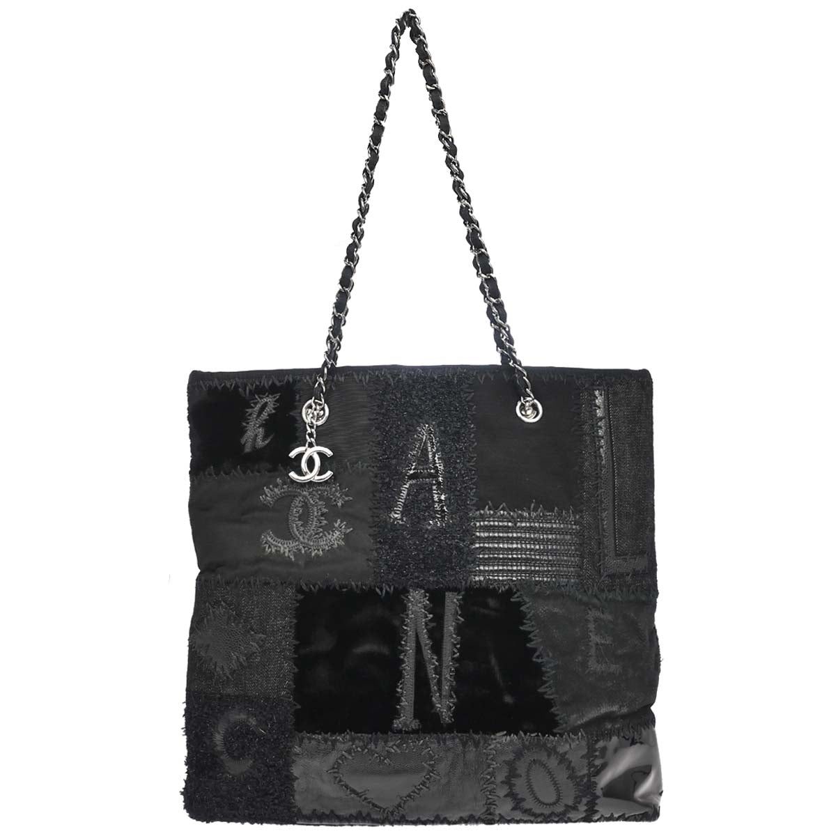 Chanel 2018 Black Tweed Patchwork Chain Tote Bag