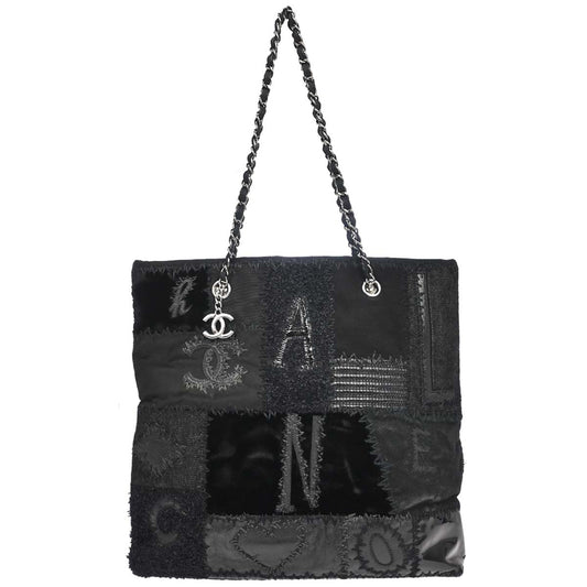 Chanel 2018 Black Tweed Patchwork Chain Tote Bag