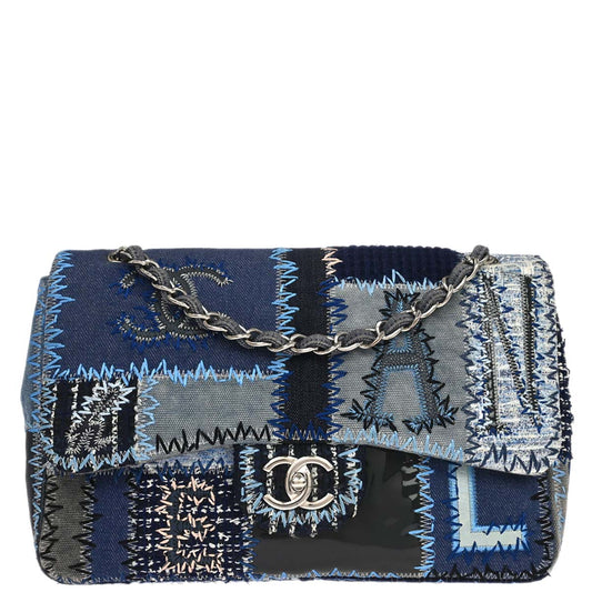 Chanel 2015-2016 Blue Tweed Patchwork Jumbo Shoulder Bag