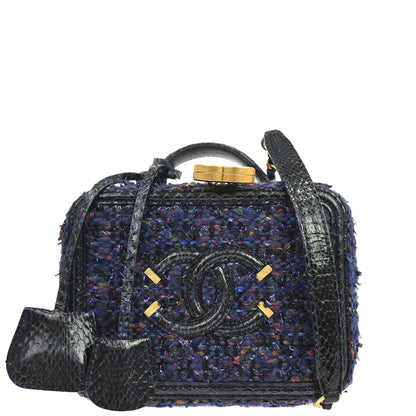 Chanel * 2018-2019 Navy Black Tweed Python Filigree 2way Shoulder Vanity Handbag