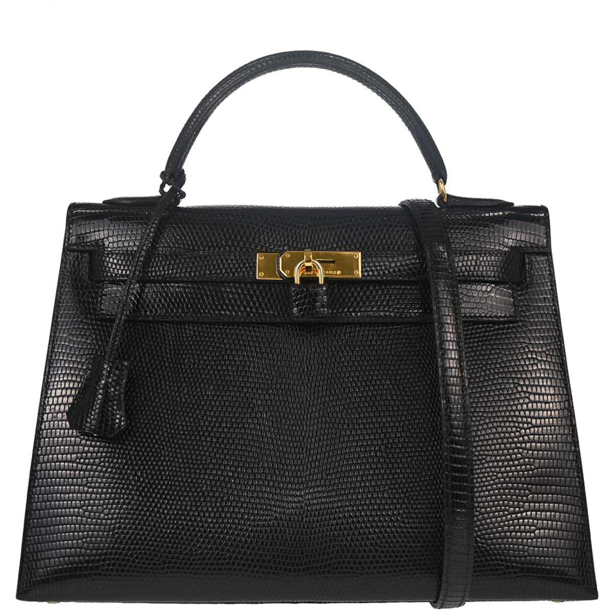 Hermes * Black Lizard Kelly 32 Sellier 2way Shoulder Handbag