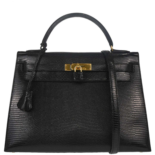 Hermes * Black Lizard Kelly 32 Sellier 2way Shoulder Handbag