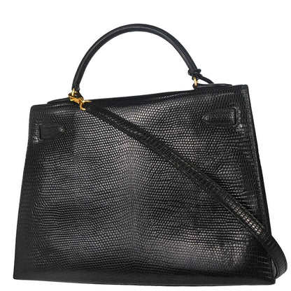 Hermes * Black Lizard Kelly 32 Sellier 2way Shoulder Handbag