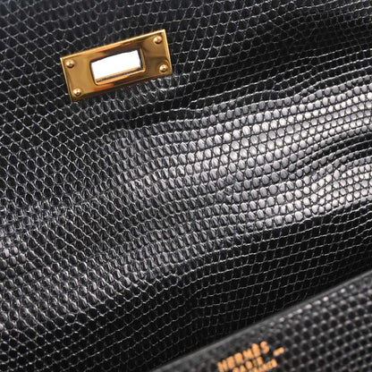 Hermes * Black Lizard Kelly 32 Sellier 2way Shoulder Handbag
