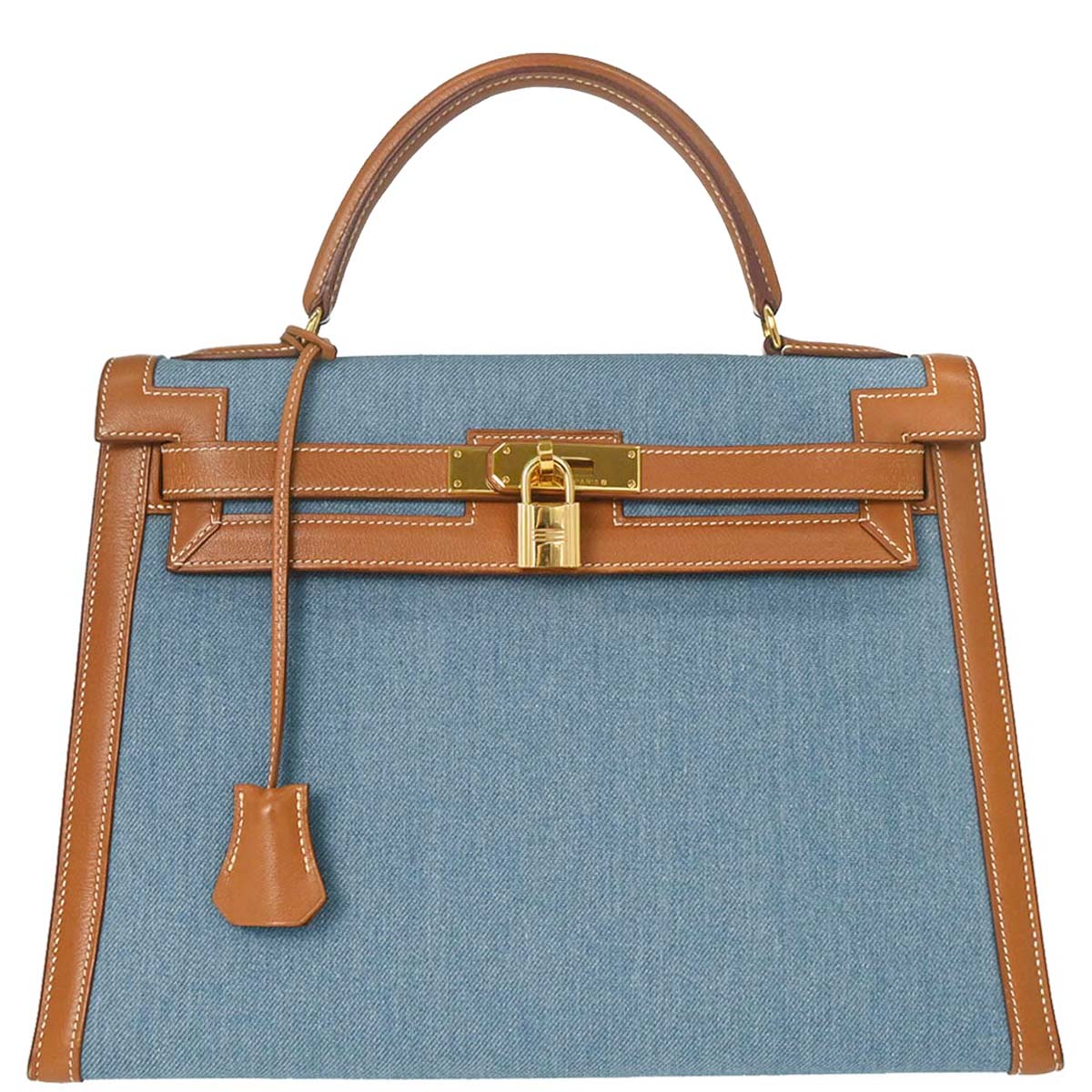Hermes Blue Natural Toile Jean Vache Kelly 32 Sellier Handbag