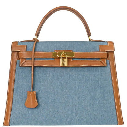 Hermes Blue Natural Toile Jean Vache Kelly 32 Sellier Handbag