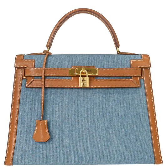 Hermes Blue Natural Toile Jean Vache Kelly 32 Sellier Handbag