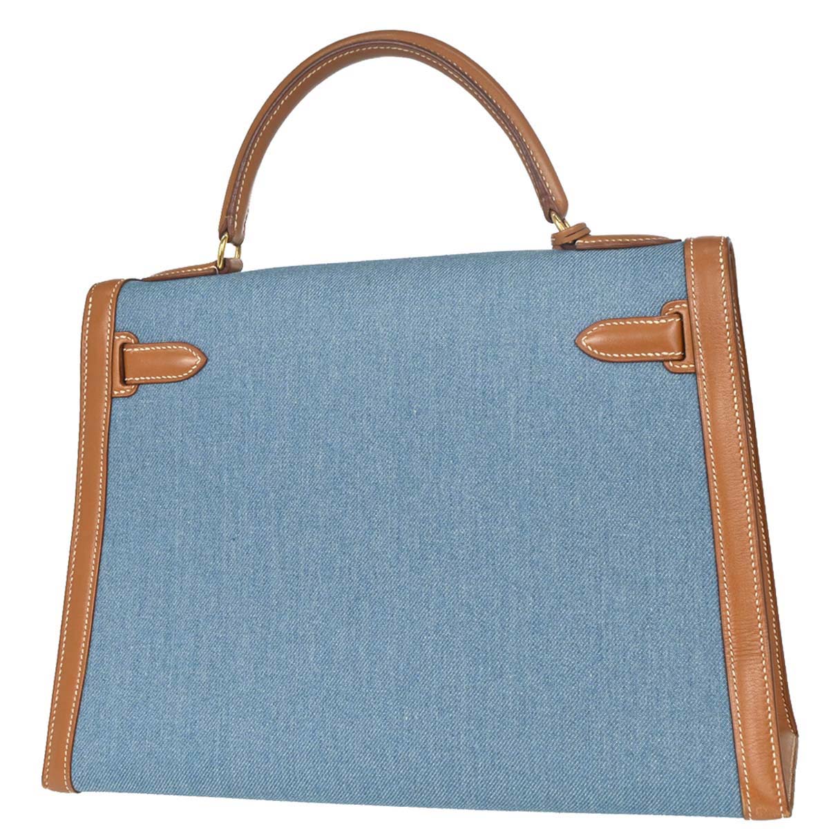 Hermes Blue Natural Toile Jean Vache Kelly 32 Sellier Handbag