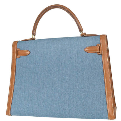Hermes Blue Natural Toile Jean Vache Kelly 32 Sellier Handbag
