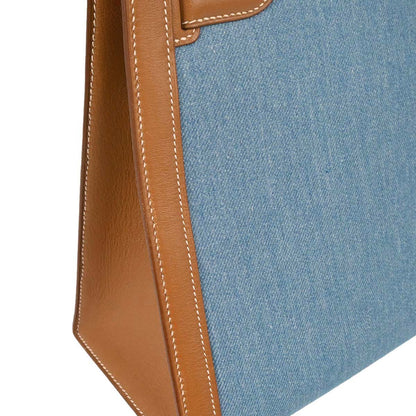 Hermes Blue Natural Toile Jean Vache Kelly 32 Sellier Handbag