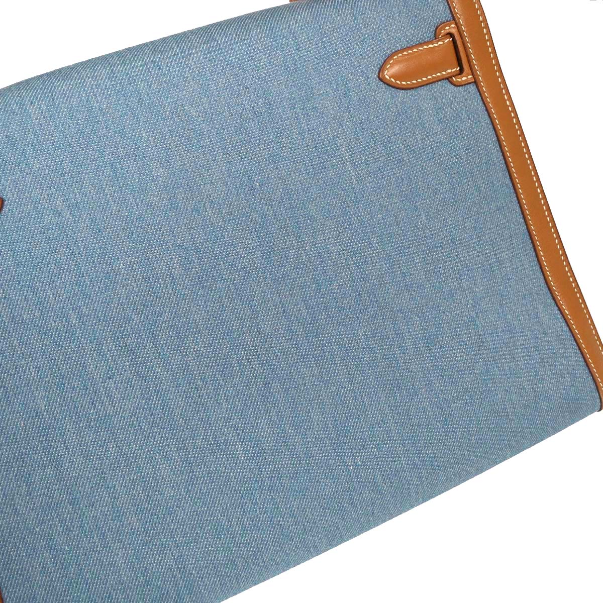 Hermes Blue Natural Toile Jean Vache Kelly 32 Sellier Handbag
