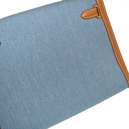 Hermes Blue Natural Toile Jean Vache Kelly 32 Sellier Handbag