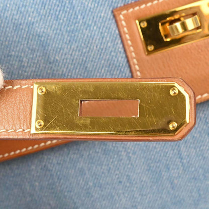 Hermes Blue Natural Toile Jean Vache Kelly 32 Sellier Handbag