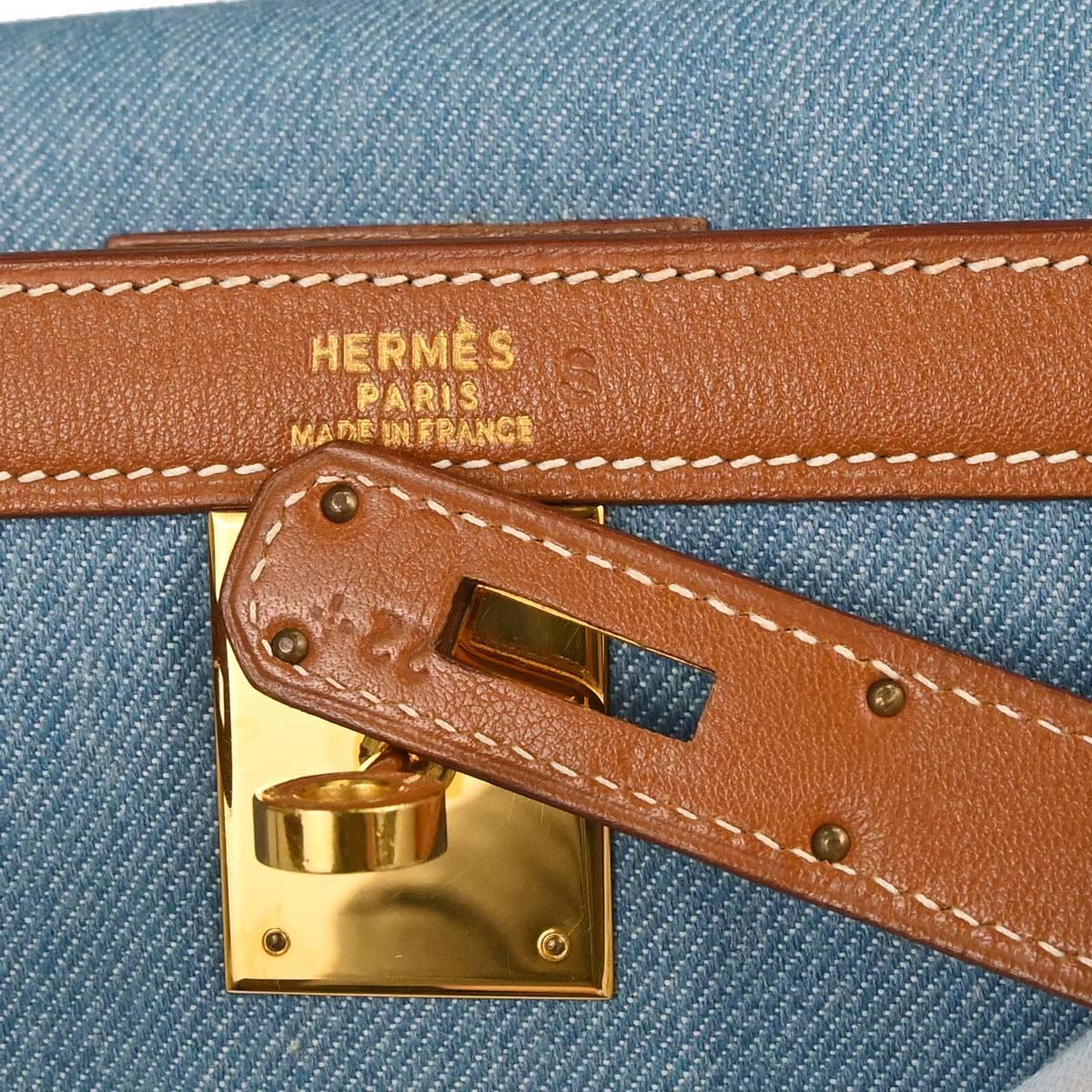 Hermes Blue Natural Toile Jean Vache Kelly 32 Sellier Handbag