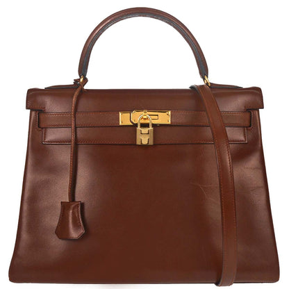 Hermes Marron Fonce Box Calf Kelly 32 Retourne 2way Shoulder Handbag