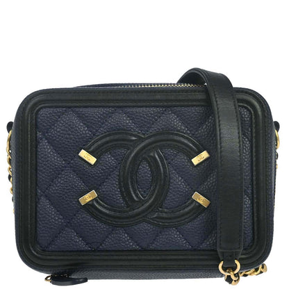 Chanel 2018-2019 Navy Caviar Skin Filigree Vanity Shoulder Bag