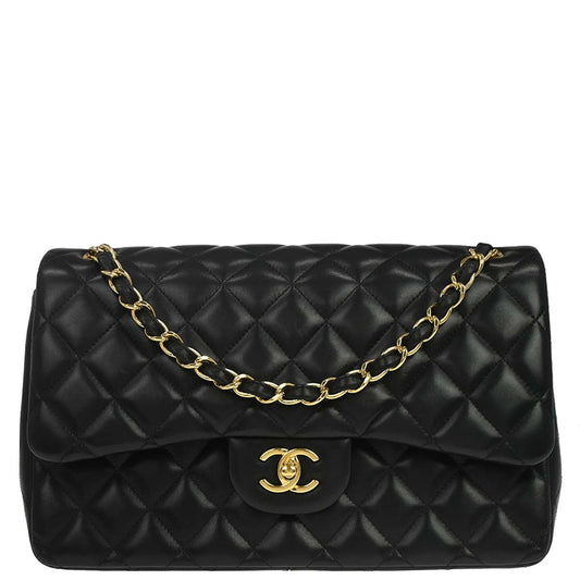 Chanel 2012 Black Lambskin Jumbo Classic Double Flap Shoulder Bag
