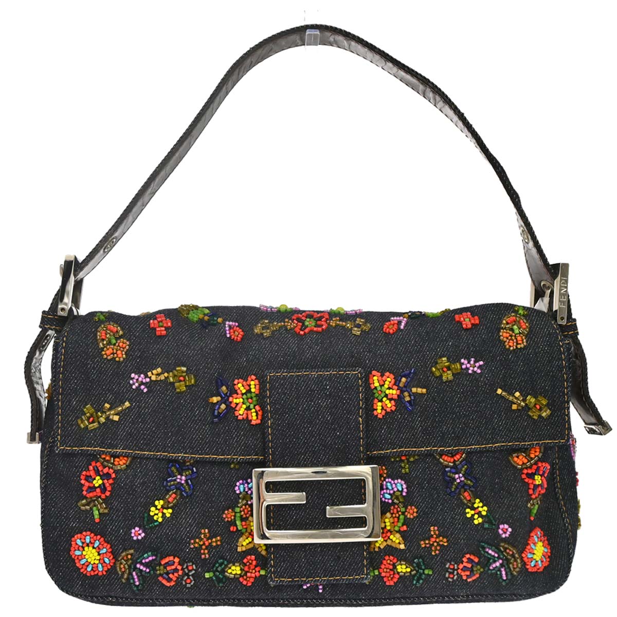 Fendi Navy Denim Beaded Baguette Handbag