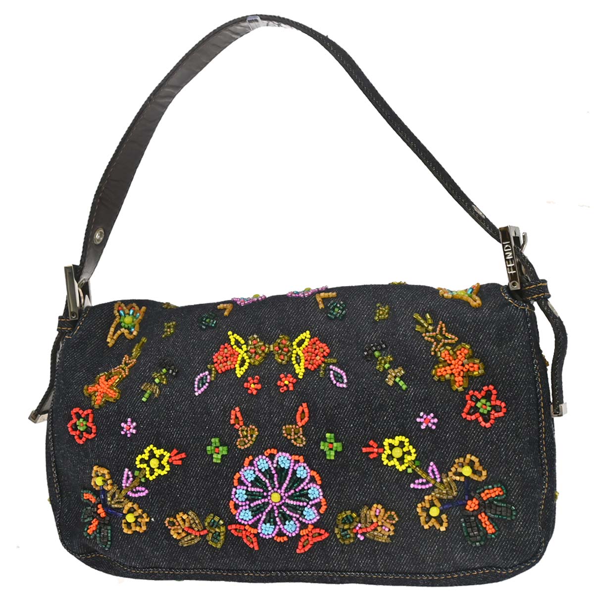 Fendi Navy Denim Beaded Baguette Handbag