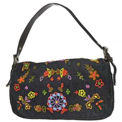 Fendi Navy Denim Beaded Baguette Handbag