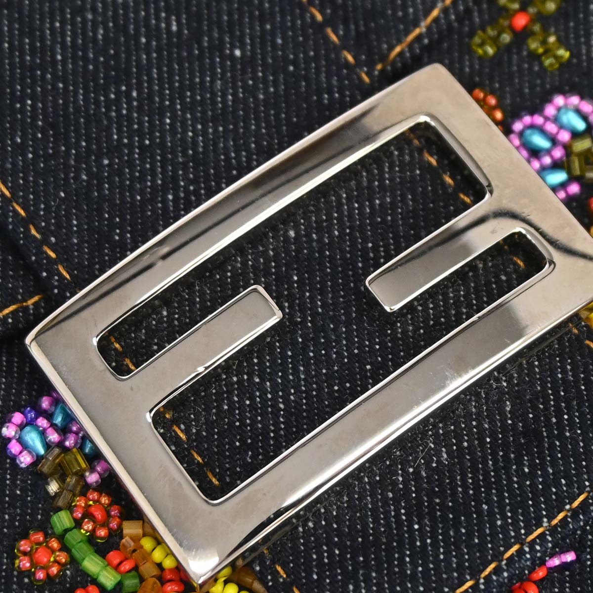 Fendi Navy Denim Beaded Baguette Handbag
