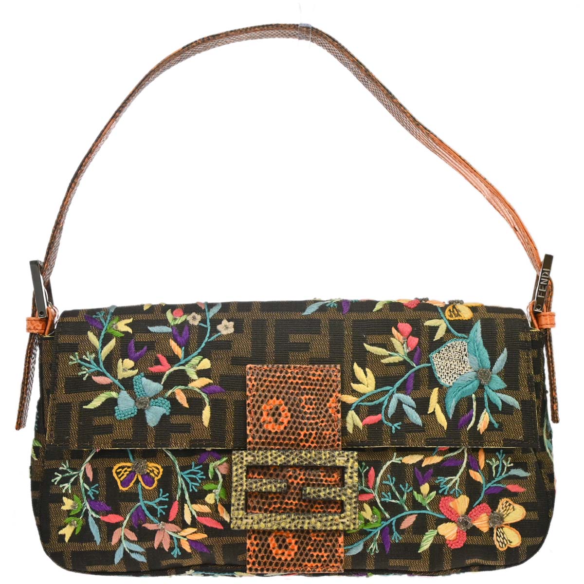 Fendi * Brown Zucca Lizard Beaded Embroidery Baguette Handbag