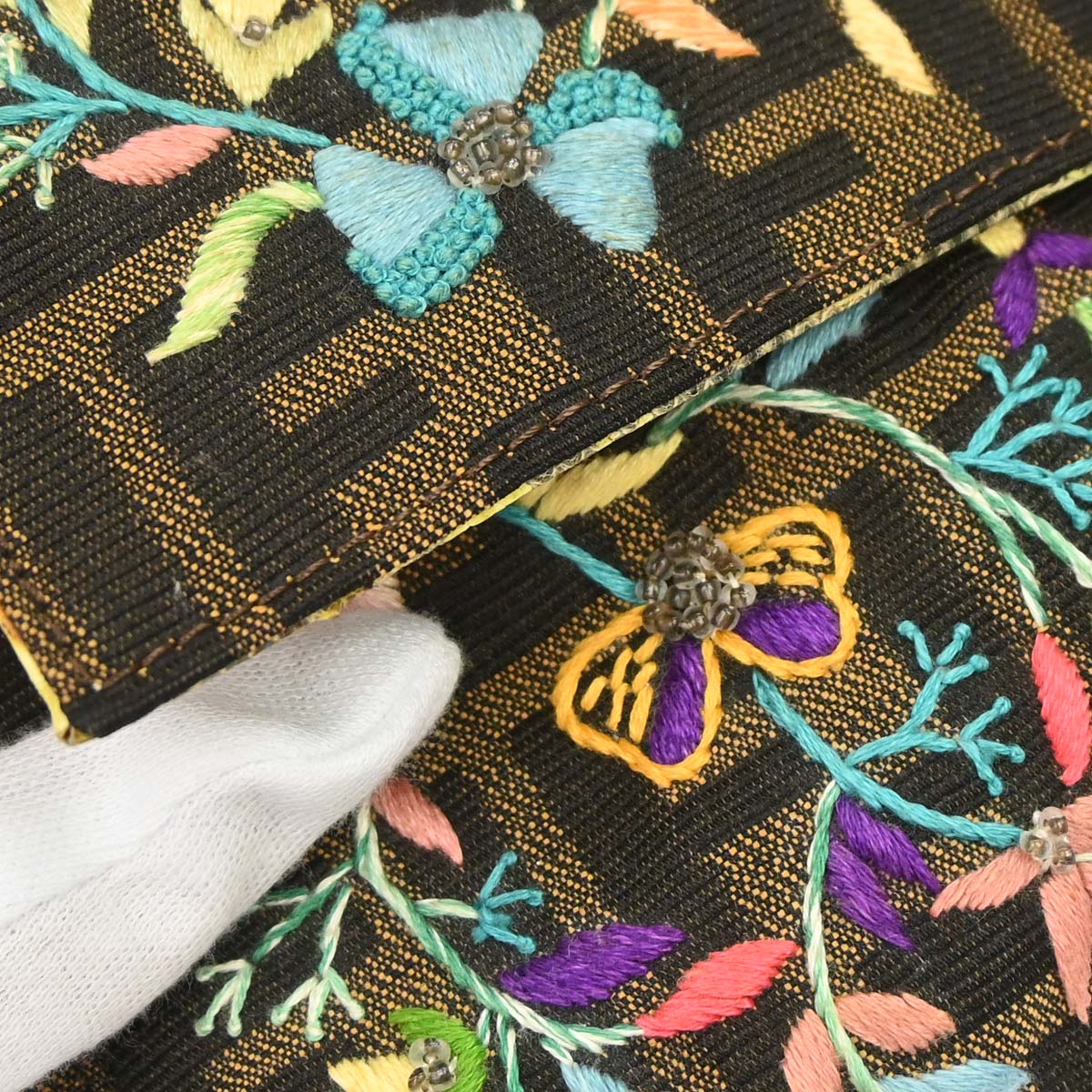 Fendi * Brown Zucca Lizard Beaded Embroidery Baguette Handbag