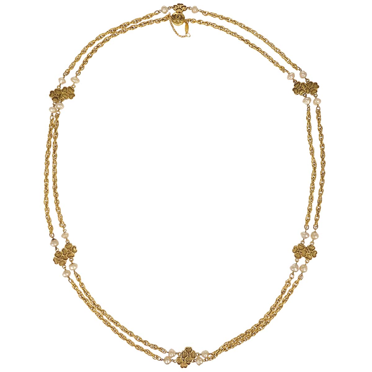 Chanel Long Chain Necklace Clover Gold Costume Pearl 1983