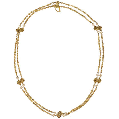 Chanel Long Chain Necklace Clover Gold Costume Pearl 1983