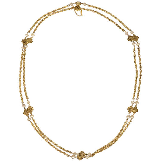 Chanel Long Chain Necklace Clover Gold Costume Pearl 1983