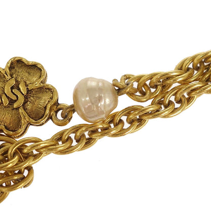 Chanel Long Chain Necklace Clover Gold Costume Pearl 1983