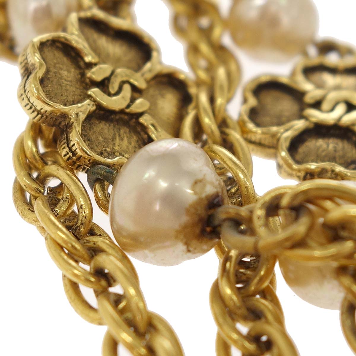 Chanel Long Chain Necklace Clover Gold Costume Pearl 1983