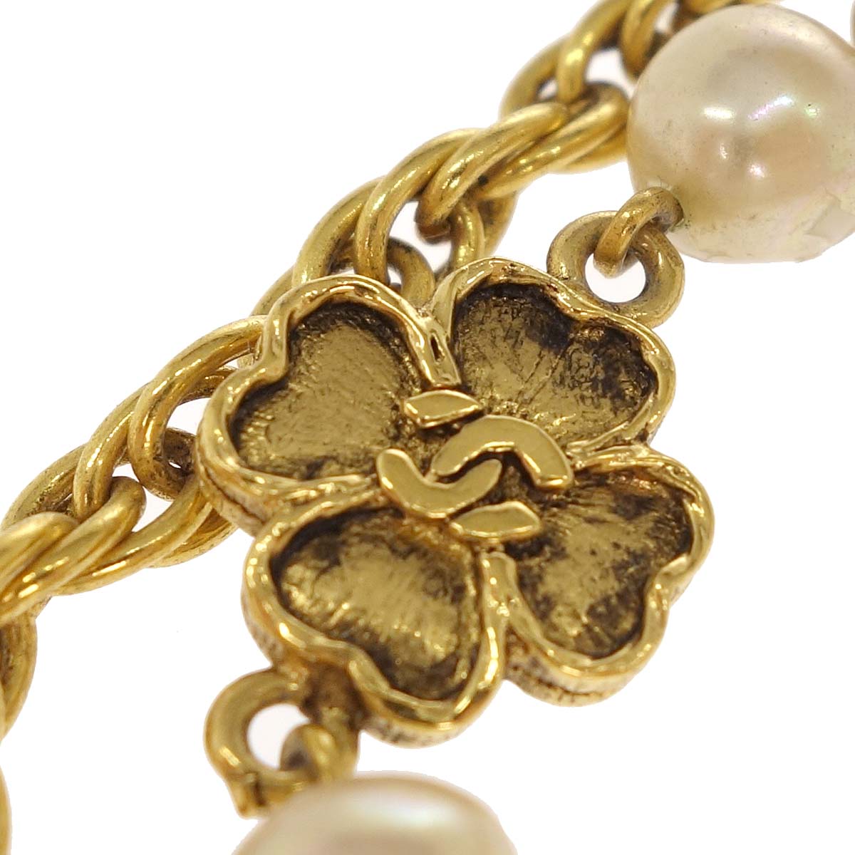 Chanel Long Chain Necklace Clover Gold Costume Pearl 1983