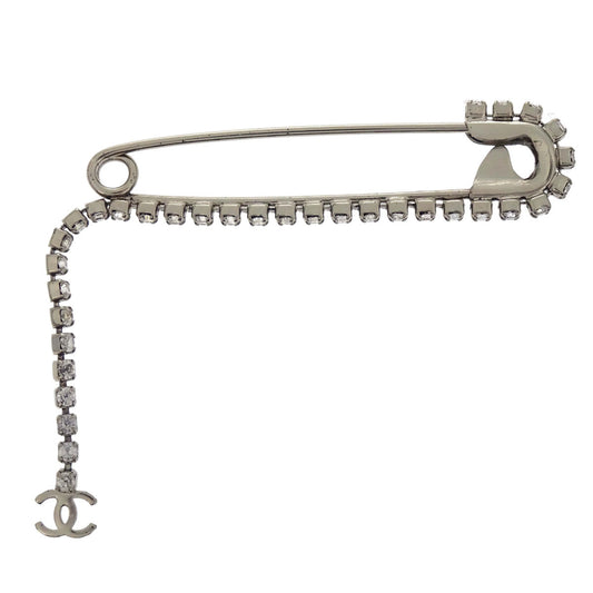 Chanel CC Dangle Brooch Pin Silver Rhinestone 01P