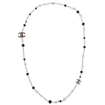 Chanel Long Chain Necklace CC Gold Black Costume Pearl B14V