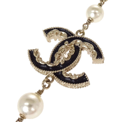 Chanel Long Chain Necklace CC Gold Black Costume Pearl B14V