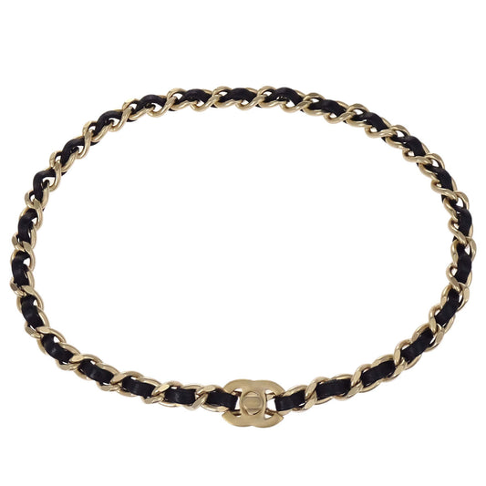 Chanel Gold Black Leather Turnlock Choker Necklace B12P
