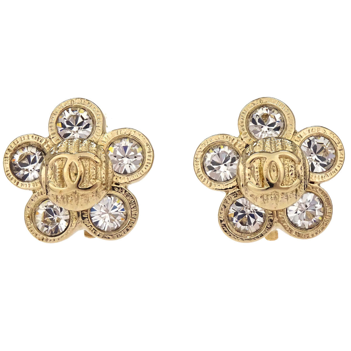 Chanel Flower Clip-On Earrings Gold Rhinestone 06A