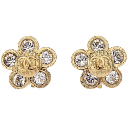 Chanel Flower Clip-On Earrings Gold Rhinestone 06A