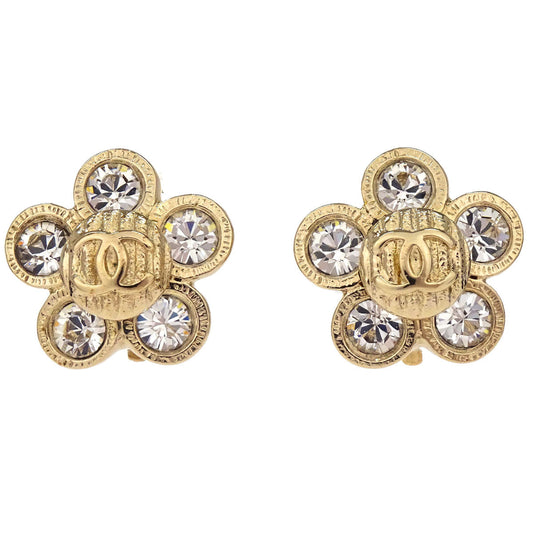 Chanel Flower Clip-On Earrings Gold Rhinestone 06A
