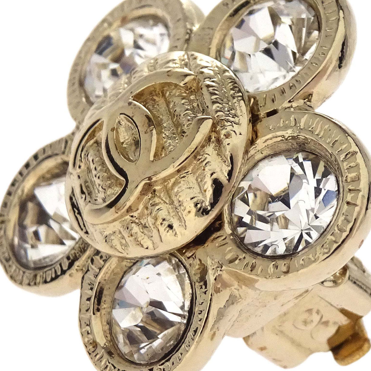 Chanel Flower Clip-On Earrings Gold Rhinestone 06A