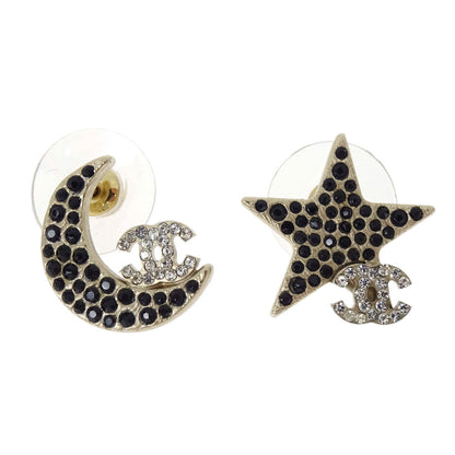 Chanel Pierced Earrings Rhinestone CC Star Crescent Moon Gold Black 08P